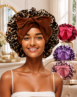 Bonnet en satin imprimé léopard avec nœud papillon et longue queue pour cheveux bouclés, tresses et cheveux naturels – Vente en gros pour femmes