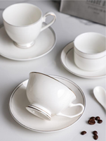 Tasse à café en céramique blanche personnalisée avec soucoupe et cuillère, 250 ml, bord doré, style américain, ensemble de tasses à thé en porcelaine, vaisselle d'hôtel
