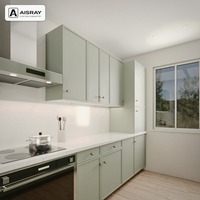 Meuble de cuisine en PVC style Shaker pour configuration en U, avec portes à cadre fin vert sauge, boîtes en panneaux mélaminés et boutons ronds