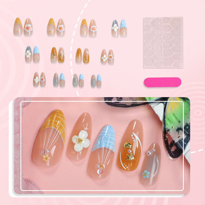 30 <span class=keywords><strong>faux</strong></span> <span class=keywords><strong>ongles</strong></span> amande style plage d'été, luxe léger, fleurs 3D, coquillages, points de diamant, à presser, amovibles - Product Image 3