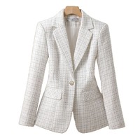 Nouvelle Collection Printemps-Automne – Blazer Élégant en Tweed Blanc à Carreaux pour Femme, Coupe Slim, Simple Boutonnage, Idéal pour le Business Casual