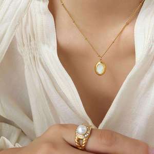 เครื่องประดับสแตนเลสชุบทอง โซ่เส้นเล็กประดับเปลือกหอยมุกขัดเงาสูง - Product Image 6