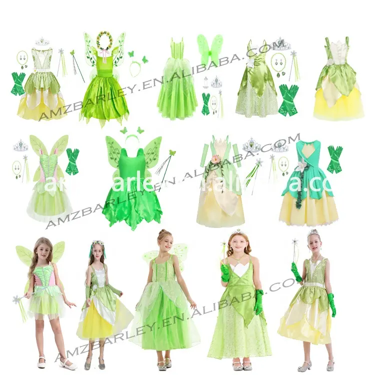 Neue Tinkerbell Kostüm Prinzessin Mädchen Prinzessin Kleid Grün Kinder Fee Kinder Oster film Grün Blumen Tianna Cosplay Outfits