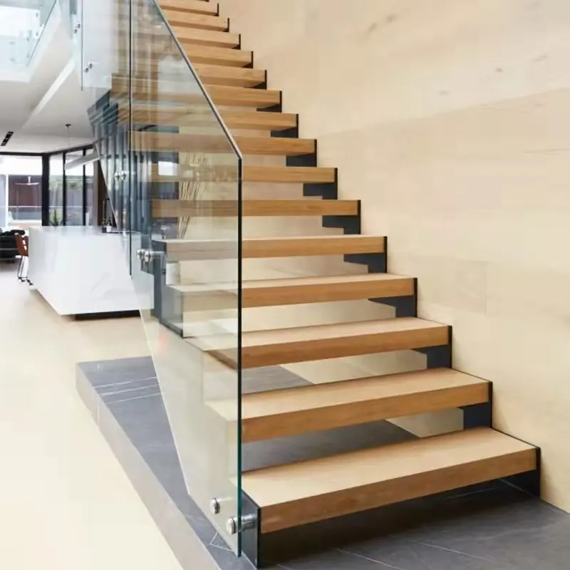 Moderne LED-Holztreppe Mono Stringer Treppe Holztreppe mit Glas