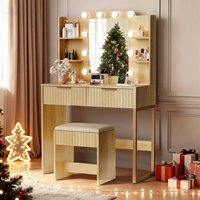 Coiffeuse en MDF rainuré couleur personnalisée avec miroir éclairé, 2 tiroirs et tabouret, finition grain de bois