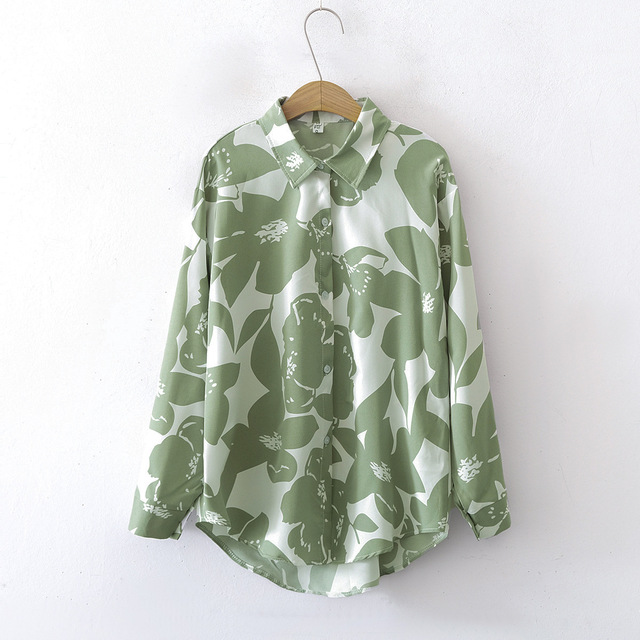 Women's Good Quality Green Casual Fashion Shirt Vintage Floral Pattern Button Loose Lapel Long Sleeve Spring