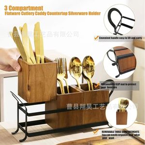 Caja de Almacenamiento de Madera, Porta Cuchillos, Tenedores y Palillos, Combinación de Hierro y Madera, Organizador de Escritorio Multifuncional, Estante de Cocina - Product Image 3