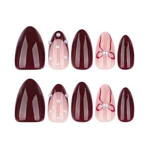 Ensemble de <span class=keywords><strong>faux</strong></span> <span class=keywords><strong>ongles</strong></span> 2026, style nœud rouge romantique, <span class=keywords><strong>ongles</strong></span> à presser moyens en amande, base rouge <span class=keywords><strong>bordeaux</strong></span> nude avec perles et strass - Product Image 2