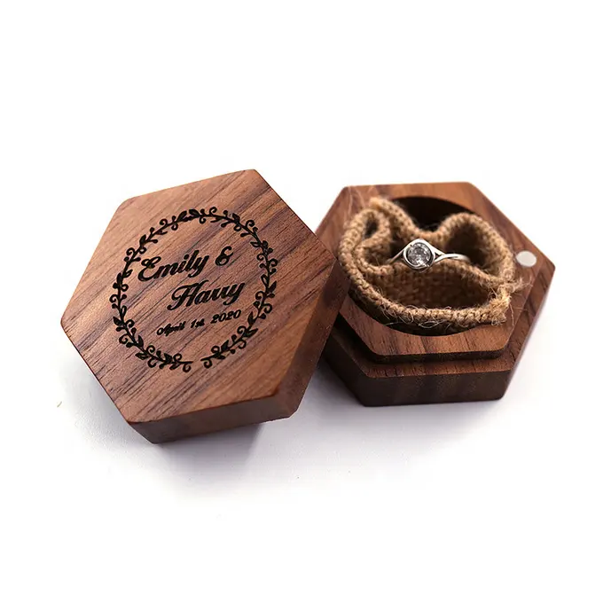 Luxury Rectangle Wood Ring Box Magnet Cufflinks Jewelry Hexagonal Packaging Gift Case Custom Logo