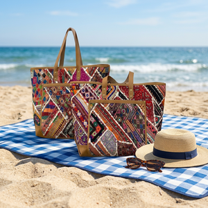 Sac fourre-tout bohème en toile avec broderie géométrique, deux poignées, fermeture éclair, multicolore, sac à bandoulière pour femme, doublure en coton - Product Image 3