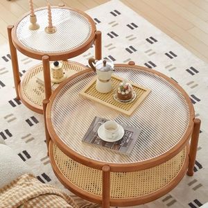 Mesa de Centro Nórdica de Lujo Minimalista Moderna Hecha a Mano 2026, Madera Maciza, Vidrio y Ratán, Fácil de Montar, Muebles para Sala de Estar - Product Image 5