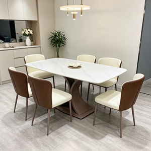 Juego de mesa de comedor rectangular moderno de piedra sinterizada, tapa con aspecto de mármol blanco, base curva marrón con 6 sillas de PU, muebles de comedor - Product Image 4