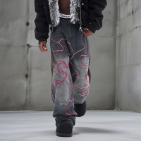 Nouveau style tendance : Pantalon en jean gris électrique coupe droite pour homme, délavé et déchiré, coupe ample et large, long.