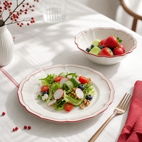 Lot de 24 assiettes de table en porcelaine élégantes avec bordure rouge, personnalisables pour mariages et usage quotidien, service de vaisselle en céramique