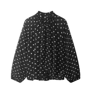 ZEVITY Camicetta da donna in chiffon a pois con fiocco alla moda, colletto alla coreana, maniche lunghe, dolce ed elegante, per le vacanze - Product Image 2