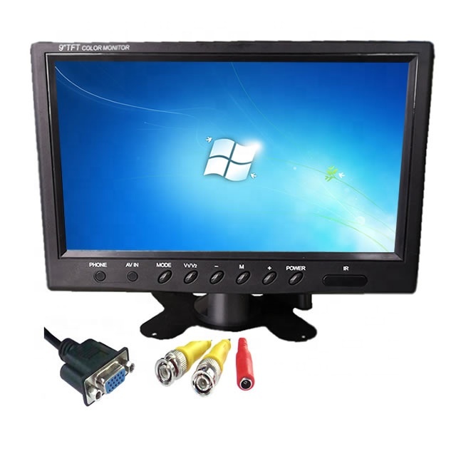 DC9V-35V 9 Inch TFT LCD 1024*600 Screen LCD Monitor Mini TV with VGA Connector 2CH BNC CVBS Input Desktop or Wall Mount Bracket