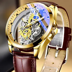 Ouro Esqueleto Couro À Prova D' Água Relógio Personalizado Homens De Luxo Orologio Uomo Relojes De cuarzo Para Hombre