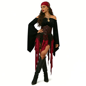 Costume de pirate pour femme, veste à épaules dénudées avec corset et bottes, polyester, printemps 2026, jeu de rôle d'Halloween pour performance scénique - Product Image 1
