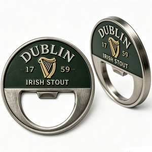 Abridor de Botellas Dublin Irish Stout, Circular, de Aleación de Zinc Fundido a Presión, Pin Metálico de Recuerdo, Diseño de Arpa Bañado en Oro - Product Image 3