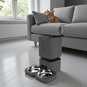 เครื่องให้อาหารสัตว์เลี้ยงแบบชามคู่พร้อมไมโครชิป วิดีโอโต้ตอบแบบเรียลไทม์สำหรับสุนัขพันธุ์เล็กทุกวัย - รองรับการควบคุมระยะไกล - Product Image 1