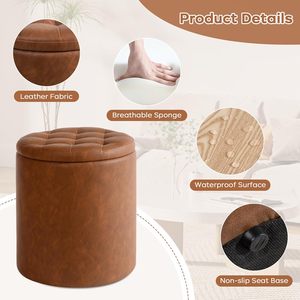 Hanyee Round Faux <strong>Leather</strong> Vanity Ottoman Stool Reversible Wooden Lid <strong>Storage</strong> <strong>Footstool</strong> for Living Room Bedroom - Product Image 3
