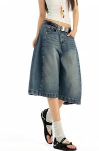 Short en jean ample délavé style hip-hop pour <span class=keywords><strong>femme</strong></span>, respirant, classique, polyvalent, coupe large sept pouces - Product Image 4