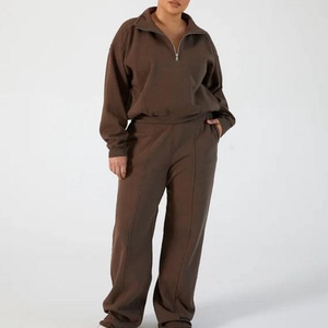 Ensemble survêtement personnalisé avec logo pour femme, sweat à capuche et pantalon de survêtement à jambes droites, molleton à demi-zip - Product Image 6