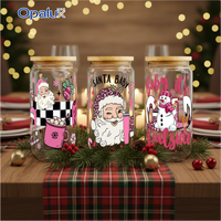 Stock d'usine, série de Noël rose, UV pour transfert sur pot en verre de 16 oz, motif de Noël mignon, nœud de Noël, bonbons, léopard, Père Noël, design de tasse