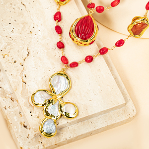 Collar Doble de Piedras Preciosas con Cuentas de Coral Rojo Natural Vintage y Perla Chapada en Oro para Mujer, Joyería para Fiesta de Bodas - Product Image 4