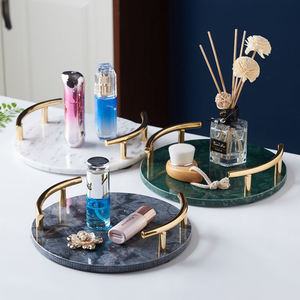 批发豪华现代圆形托盘25厘米直径，白色绿色灰色大理石，带金色手柄盘子和盘子 - Product Image 5