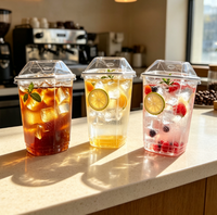 Gobelet en plastique PET transparent personnalisé avec logo, forme polygonale, jetable et recyclable, avec couvercle diamanté pour café glacé, boissons aux fruits et bubble tea – Vente en gros