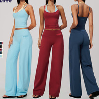 Ensemble de yoga 2 pièces pour femme OEM/ODM – Haut court dos nu color block et pantalon large – Tenue de sport pour yoga, course et entraînement en salle de sport