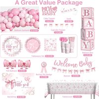 Décorations de ballons pour baby shower rose avec nœud, comprenant vaisselle, toile de fond, bannière, ballons et plus encore pour baby shower de fille