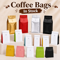 Sacs à café en aluminium métallisé VMPET à fond plat avec valve de dégazage et fermeture éclair, en stock, 5oz 8oz 17oz 35oz 150g 250g 500g 1kg