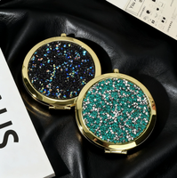Miroir de poche compact double face rond à paillettes effet poussière de diamant, pliable en métal, portable pour femme