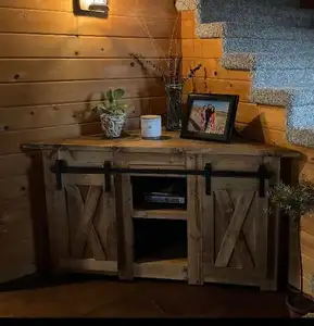 living room antique Farmhouse style corner unit with barn door slider Rustic media center TV wooden cabinet