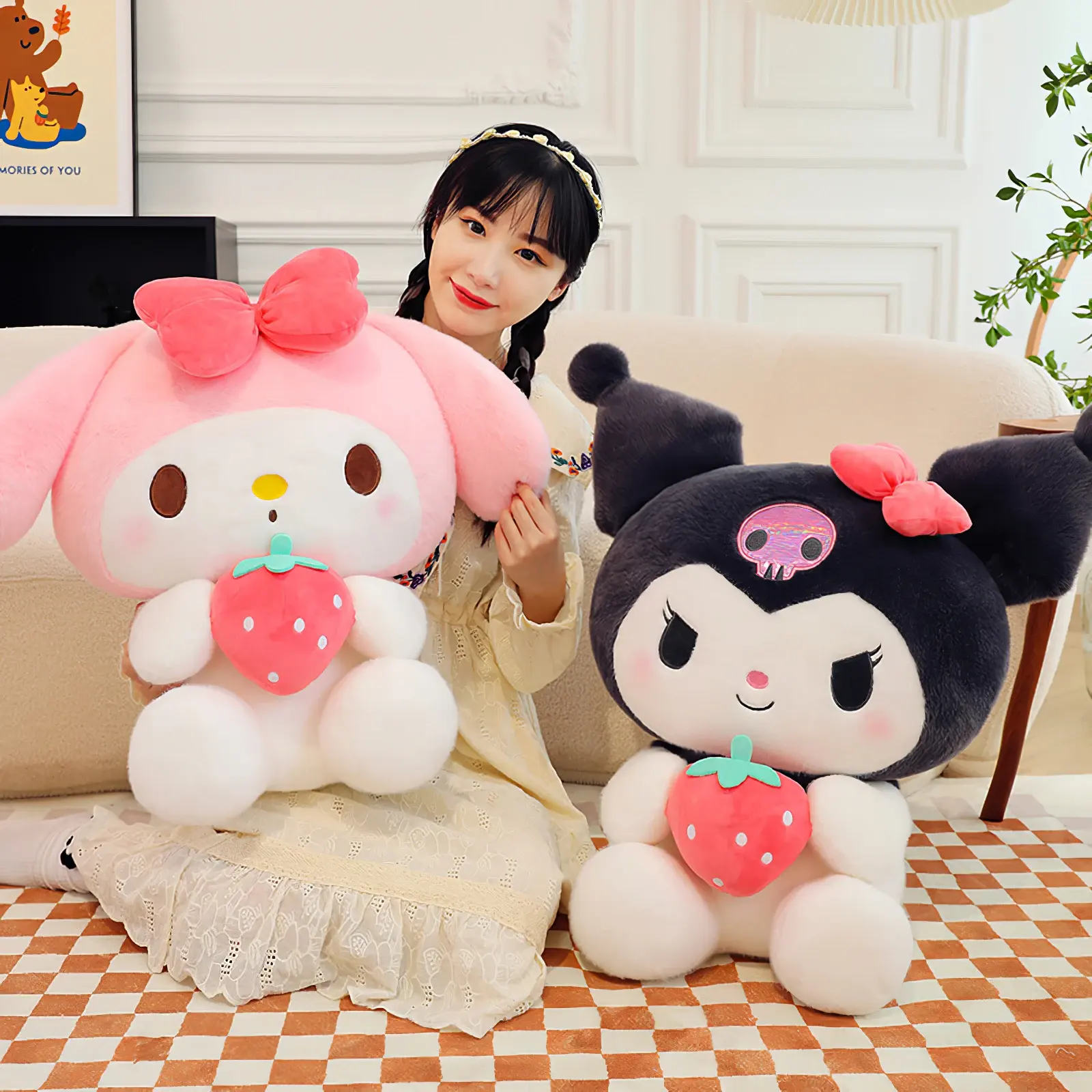 60cm Cute Sanrios Kuromi Plush Toy Kawaii Strawberry My Melody Plushies Soft Stuffed Doll Little Devil Pillow Cushion Girls Gift