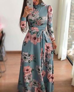 Nouvelle <span class=keywords><strong>robe</strong></span> <span class=keywords><strong>longue</strong></span> décontractée de plage bohème pour femmes, nouvelle conception d'automne, manches longues, imprimé floral, col haut, robes maxi pour femmes - Product Image 4