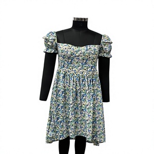 Robe Courte Été Décontractée à Imprimé Floral, Manches Bouffantes, Col Cœur, Taille Empire, Coupe Trapèze, Tissée - Product Image 1