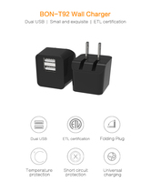 Cargador de Pared Mini de 12W QC3.0, Doble USB, Resistente al Fuego, OTP 5V/2.4A, Negro, Enchufe Plegable de Viaje para Auriculares, Certificado por RoHS, ETL y FCC
