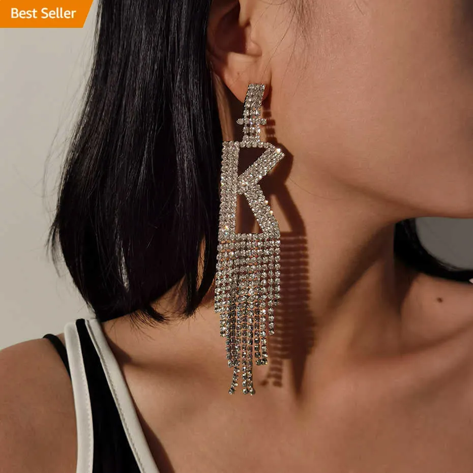 Luxury Silver Diamond Crystal Long Chain Rhinestone Big A-Z 26 Initial Letter K Alphabet Tassel Drop Dangle Earrings for women