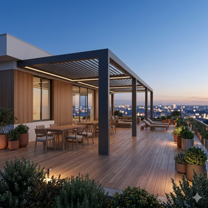 Pergola bioclimatique motorisée de luxe sur mesure 4x3 en alliage d'aluminium thermolaqué avec toit à lames orientables et éclairage LED - Product Image 2