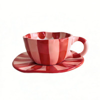 Ensemble tasse à café et soucoupe en céramique sous glaçure peinte à la main, motif rayé, idéal pour le petit-déjeuner ou comme cadeau