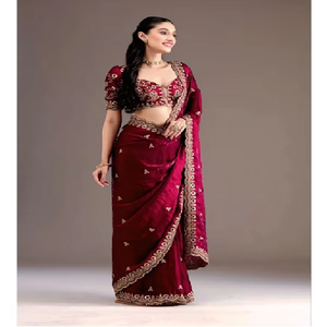 Elegante Sari de Seda Satinado con Lentejuelas y Bordado Jari Dori, Borde Elegante, Perfecto para Bodas, Fiestas y Festividades - Product Image 2