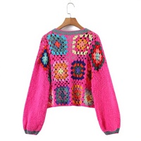 Cardigan Bohème Femme en Crochet Fait Main, Motifs Géométriques Color Block, Col Rond, Manches Longues, Pull Personnalisable, Manteau Court Tricoté