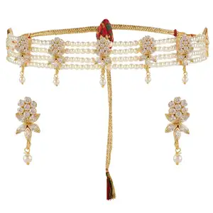 Indian Jewelry Traditional Crystal Faux Pearl Choker Necklace Earrings Bridal Set Indian Jewellery Supplier, White