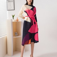 Robe décontractée longue en mousseline unie Miyake 2023, coupe trapèze, grande taille, manches longues pour femme, vêtement de fête tendance avec ceinture