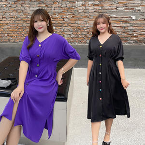 ชุดเดรสคอวีหรูหราสำหรับผู้หญิงไซส์ใหญ่สีพื้นพร้อมกระดุมหลากสีดีไซน์รัดเอว (N7982) - Product Image 1