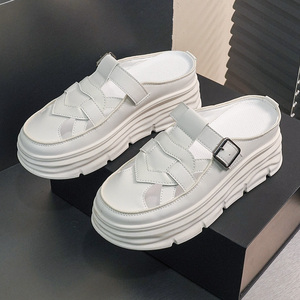 2026 New Versatile Women's Slippers Summer Trendy Hollow Breathable <b>Half</b> Slippers Thick Sole Elevated Shoes - Product Image 4