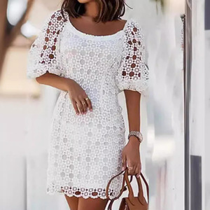 Elegant Women's <b>Lace</b> Round Neck <b>White</b> Midi Dress Natural Waist Breathable Daily Casual Dress - Product Image 2